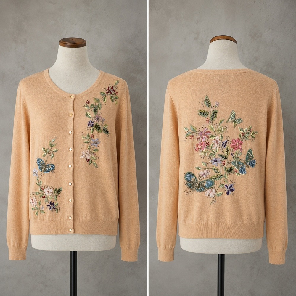 Vintage Embroidered Beaded Cardigan L Peach Ramie/Rayon 3D Ribbon Floral Whimsy